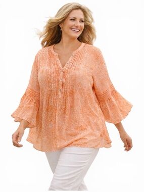 NWT Boho Peach Ikat Pleated Button Up Flowy Tunic Bell Sleeve Sheer Top Plus 2X